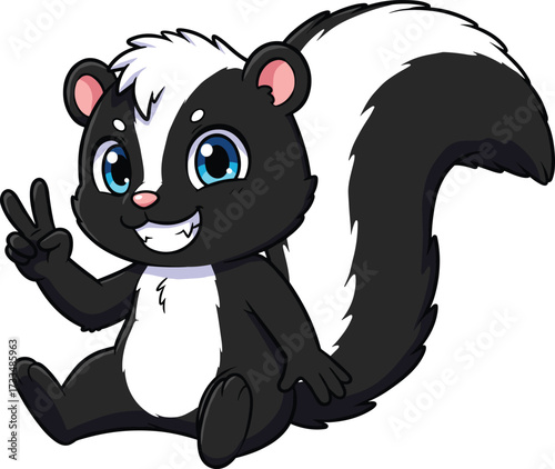 Cute cartoon skunk smiling, peace sign gesture, sitting pose, black and white animal, vector art, kids character, forest creature.