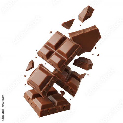 Broken chocolate pieces floating isolated on a transparent background