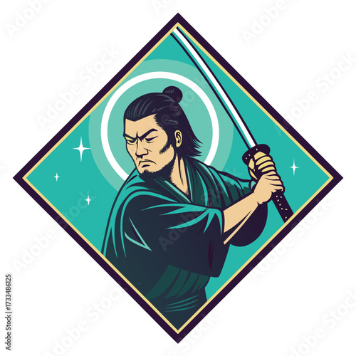 A samurai warrior is depicted in a stylized, heroic pose with his sword.