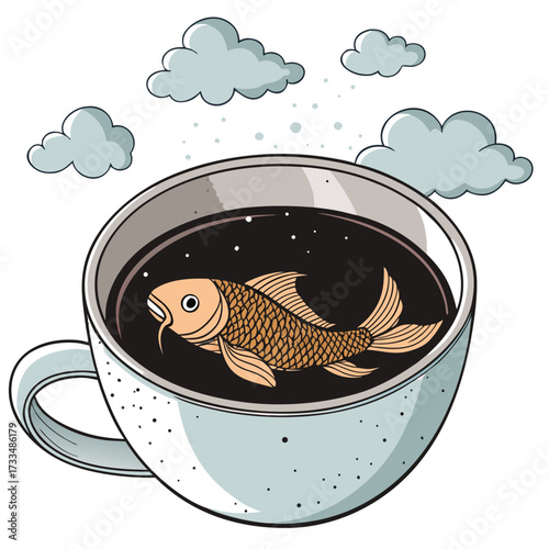 A koi fish swims in a cup of coffee with clouds in the background.