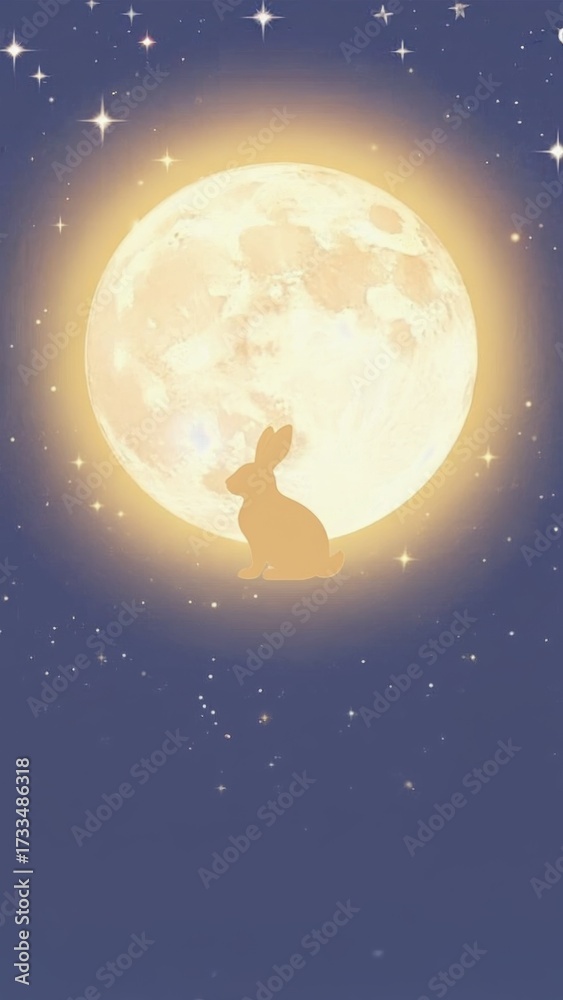 Naklejka premium A silhouette of a rabbit and large, glowing full moon in a starry night sky. Mid-Autumn Festival, a traditional Asian celebration