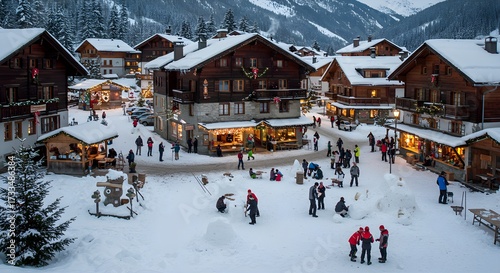 Snowy village scene winter season