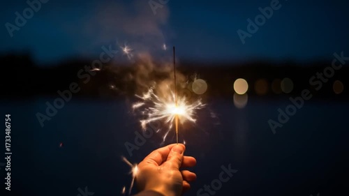 Hand holding a sparkling firework against a dark blue night sky with blurred lights in the background.