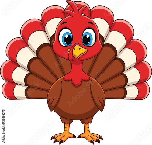 Cute cartoon turkey bird illustration, colorful feathers, farm animal character, festive holiday design, Thanksgiving symbol, isolated background, children education, playful drawing