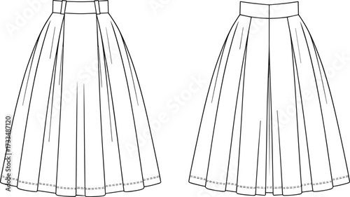 Front and back view pleated skirt flat sketch, fashion technical drawing, vector apparel design template, clothing illustration for women garment industry