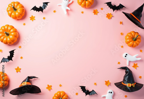 Halloween frame with pumpkins, bats, witch hats and ghosts on pink background