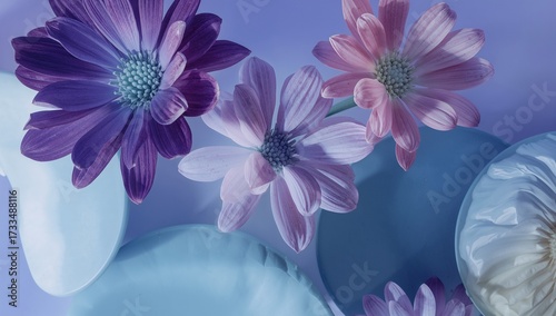 Purple and pink daisy flowers on geometric shapes, floral, botanical, nature, bloom, spring