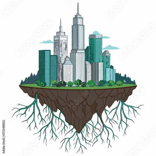 A floating island with a city and deep roots below.