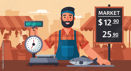 Lively Cartoon Fishmonger Displaying Catch and Prices at a Market Stall