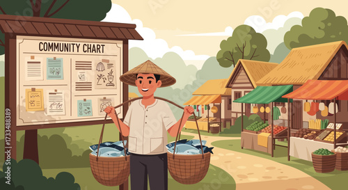 A vibrant portrayal of daily life in a rural fishing village with market stalls