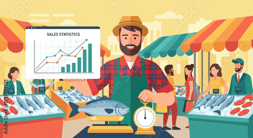 Fisherman's market showcasing successful sales statistics with data analysis