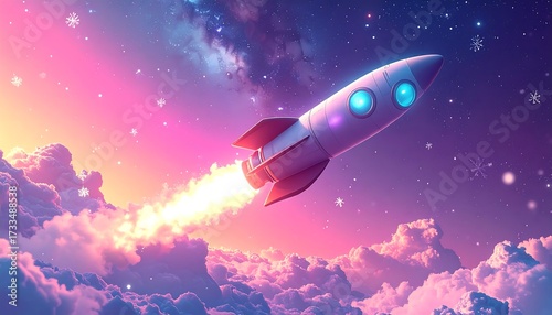 Fototapeta Naklejka Na Ścianę i Meble -  Cartoon rocket ship soaring through vibrant dreamlike sky filled with stars