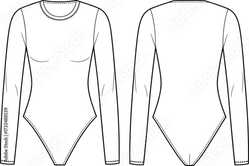 Long sleeve bodysuit technical flat sketch, front and back view, round neckline, high-cut leg, fashion illustration, garment construction template
