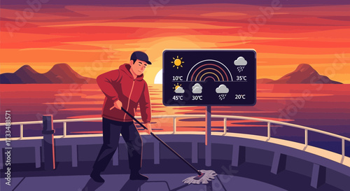 Maintenance staff cleans platform with temperature and weather forecast display against sunset background