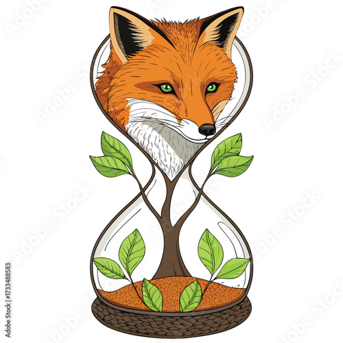 A fox head appears within an hourglass filled with a growing plant.