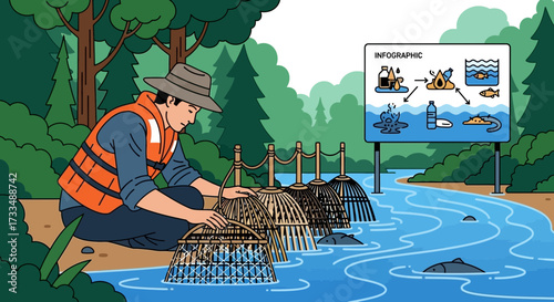 Ecology volunteer deploying fish traps in a polluted river, addressing environmental concerns