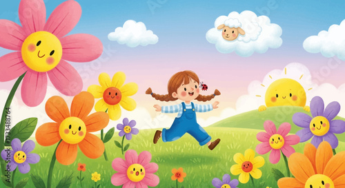 Illustration of a girl jumping in a flower field with happy spring atmosphere