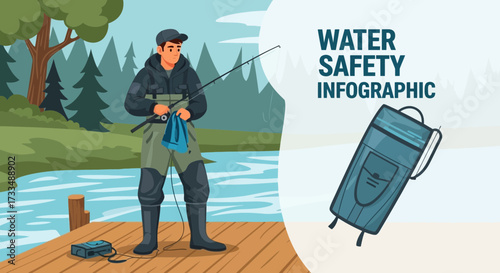 Infographic illustrating a fisherman and equipment focusing on water safety elements