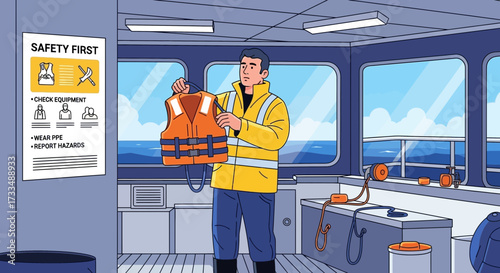 Marine safety inspection illustration featuring a worker checking a life vest on a ship