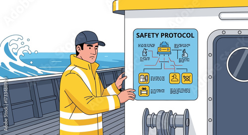 Illustrative representation of maritime worker reviewing safety protocols on vessel