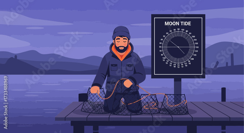 Solitary Fisherman Prepares His Crab Traps Under a Gloomy Moonlit Sky at Dusk