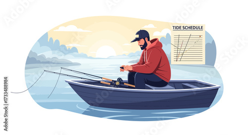 Serene fishing scene featuring a man on a boat checking the tide schedule