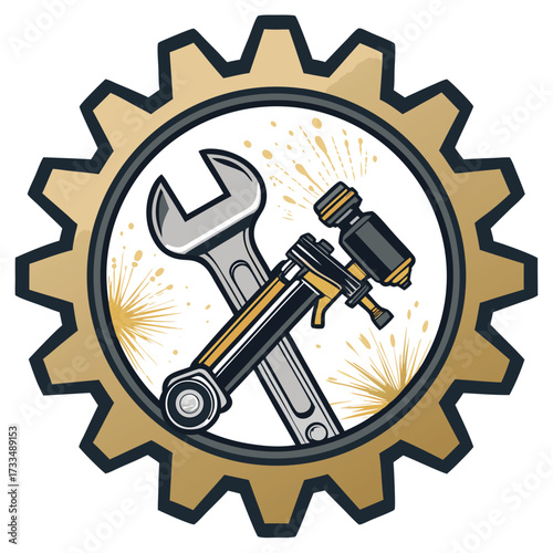 An emblem featuring crossed tools within a gear design.
