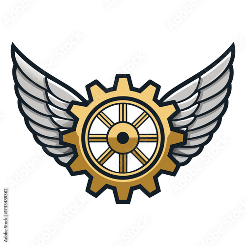 A metallic gear with wings as a symbol of industry and progress.
