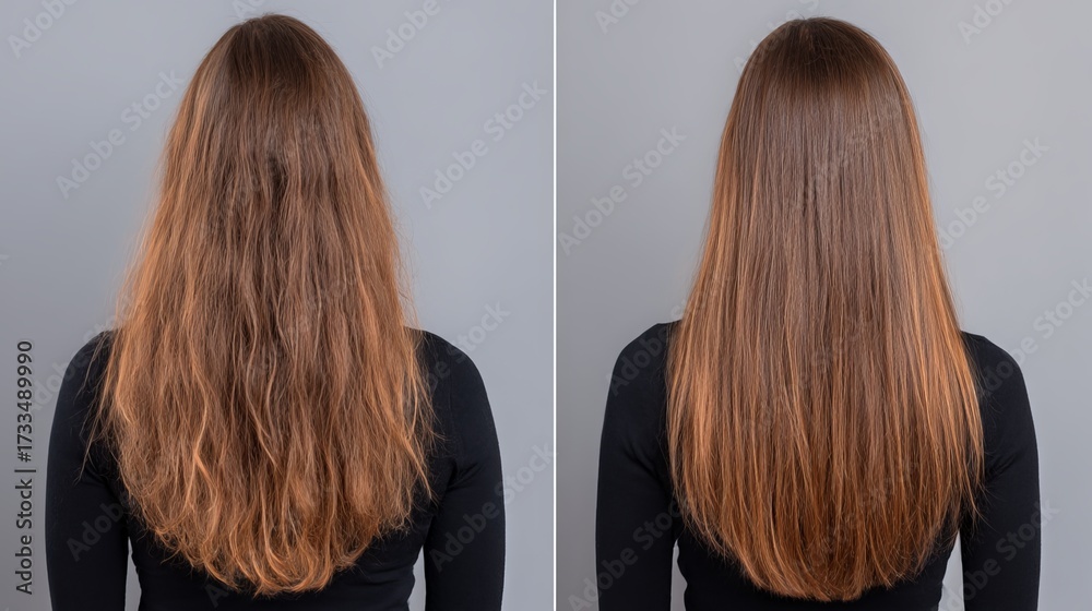 Fototapeta premium Hair lamination results: See the difference! Before-and-after photo showcases improved hair texture on a woman against a grey backdrop. A clear comparison of hair condition. 