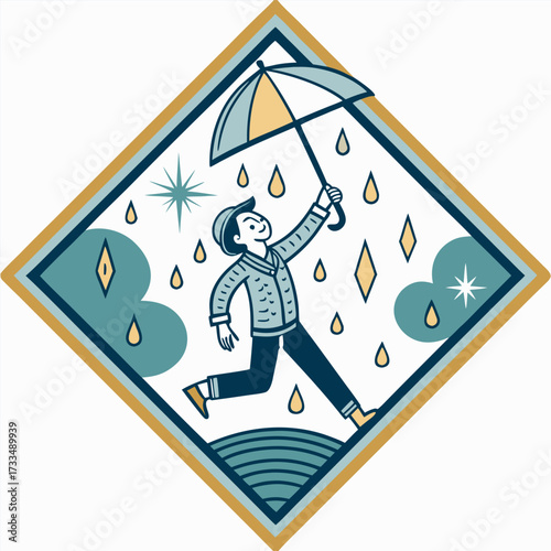 Person in a hat running with an umbrella in the rain.