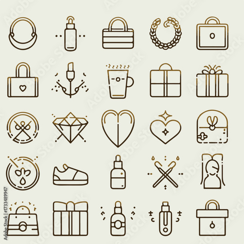 
Premium minimalist linear icon set, thin golden outline style, luxury and elegant aesthetic, smooth rounded corners, ideal for fashion, beauty, spa, and jewelry branding, scalable vector collection