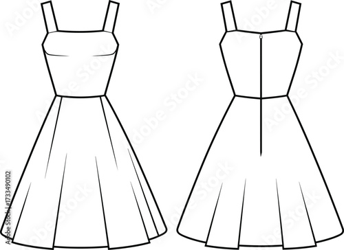 Sleeveless dress technical sketch, fashion illustration front and back, square neckline, flared skirt, fitted bodice, garment construction, apparel design