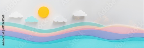 Layered paper cut landscape with pastel hills and sun, craft, paper, nature, colorful, art