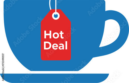 Bright blue teacup with a red "Hot Deal" tag, representing a special offer or promotion.