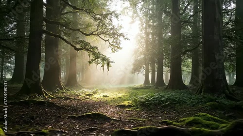 Majestic slow push-in shot revealing a hidden clearing in a dense, misty forest bathed in diffuse morning light wild, woodland, open space