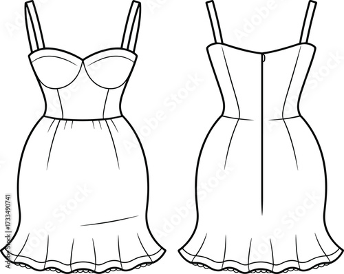 Sweetheart neckline dress technical flat sketch, front and back view, spaghetti straps, lace hem, zipper closure, fashion design illustration