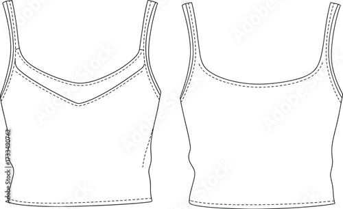 Tank top technical sketch, front and back view, V-neckline, scoop back, thin straps, fitted silhouette, fashion illustration, garment design