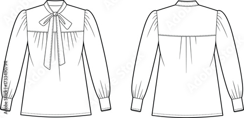 Technical blouse sketch, bow tie neckline, puff sleeves, gathered cuffs, pleated yoke, fashion illustration, garment template, sewing pattern, elegant design