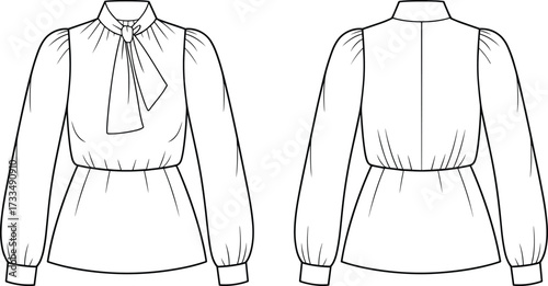 Technical blouse sketch, high neckline design, bow tie front, puff sleeves, gathered cuffs, fitted waist, fashion illustration, garment template, sewing pattern