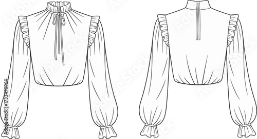 Technical blouse sketch, puff sleeve design, ruffled neckline, tie front, zipper back, fashion illustration, garment template, sewing pattern, vintage style