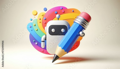 Ai education robot with pencil on colorful background. Robotic creative art icon.