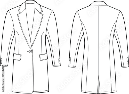 Technical coat sketch, front and back view, notched lapel, button closure, flap pockets, fashion flat, garment design, vector template