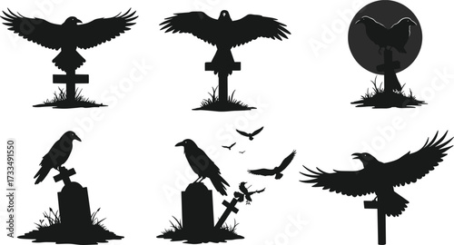 Dark raven and crow silhouettes perched on gravestones, flying over graveyard with full moon, spooky Halloween gothic horror vector collection