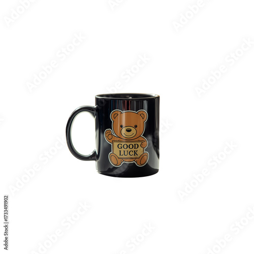 Black Coffee Mug with Cute Teddy Bear Good Luck Design | Gift and Decorative Cup.
