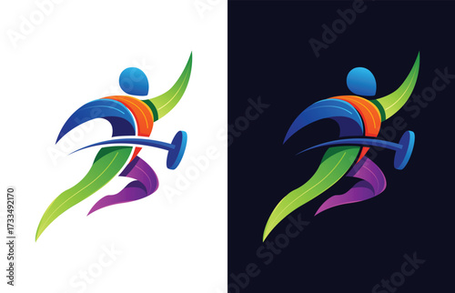 Colorful abstract fitness logo design of running athlete with dumbbell