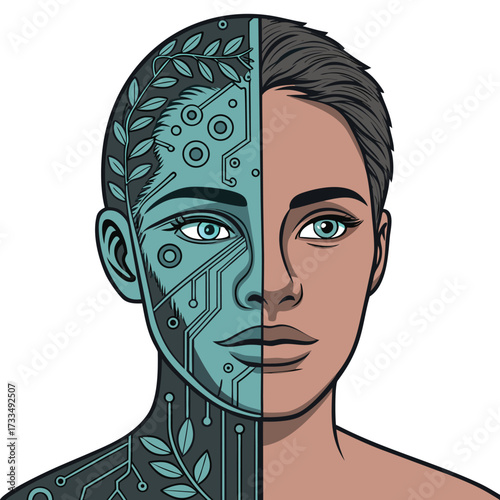 A split portrait showing a human face merging with technological elements. A futuristic concept.