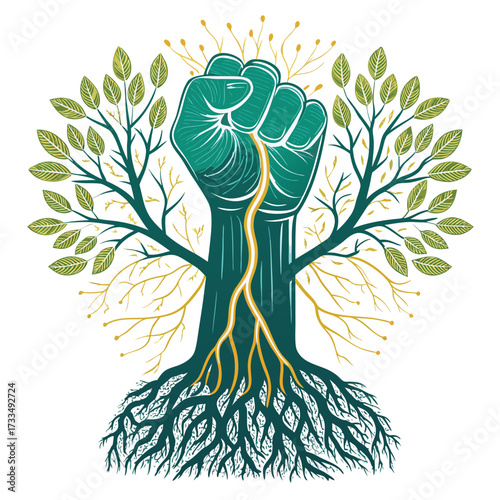 Fist-shaped tree symbolizes growth and strength. in detailed view.