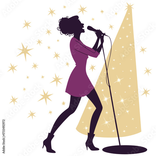 A stylized silhouette of a woman singing into a microphone on stage.
