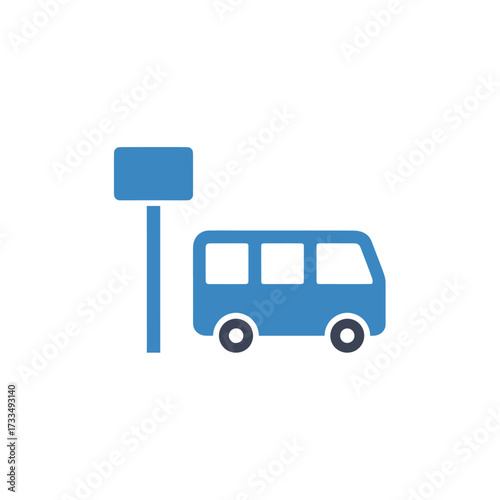 A blue icon representing a bus at a bus stop with a signpost.