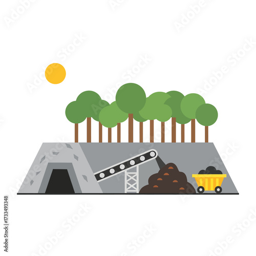 Illustration of a coal mine entrance with a conveyor belt transporting coal to a mine cart, surrounded by trees and a sun.